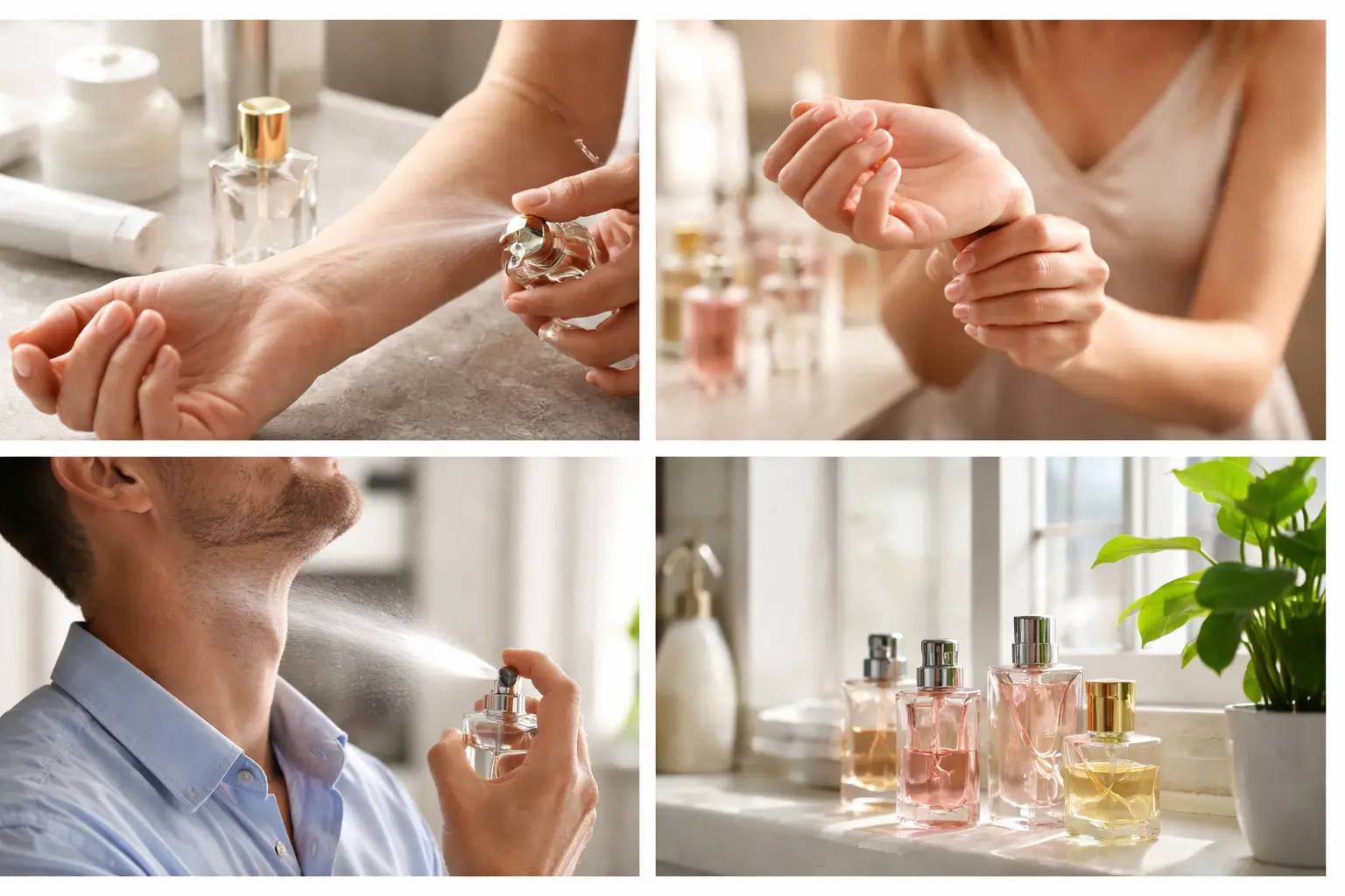 Common perfume mistakes like over-spraying, rubbing wrists, applying on dry skin, and improper fragrance storage shown in a realistic lifestyle scene