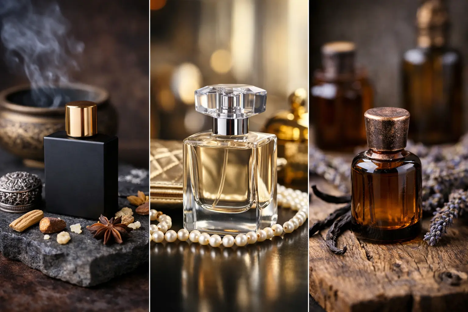 comparison between niche designer and indie perfumes with different bottle styles and environments representing luxury, mainstream, and artisan fragrances