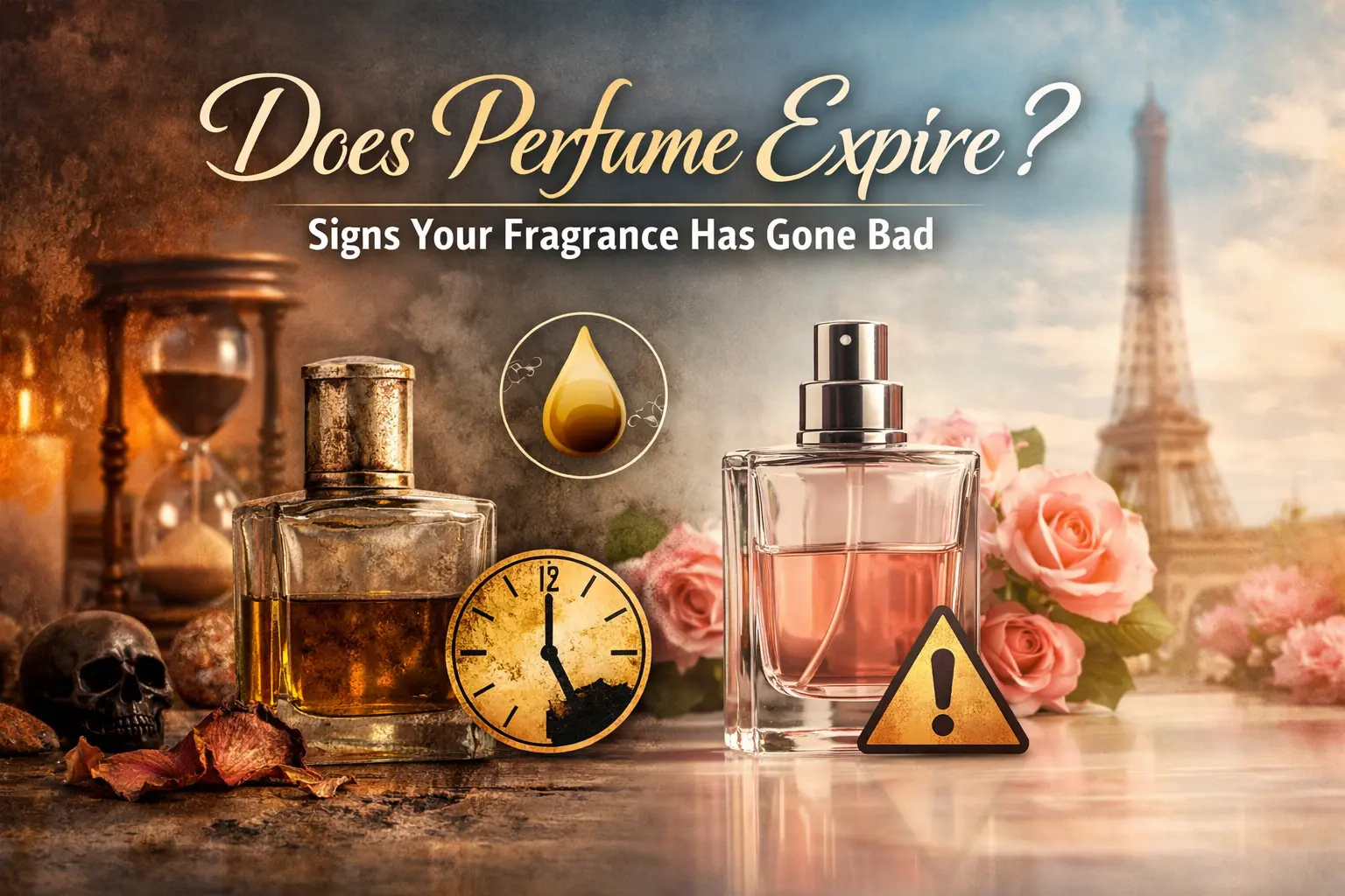 Comparison showing an old oxidized perfume bottle and a fresh fragrance bottle illustrating signs that perfume may expire over time.