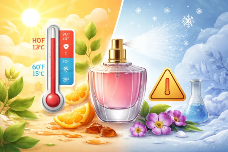 Perfume bottle with thermometer showing hot and cool temperatures illustrating how temperature affects perfume stability and scent quality.
