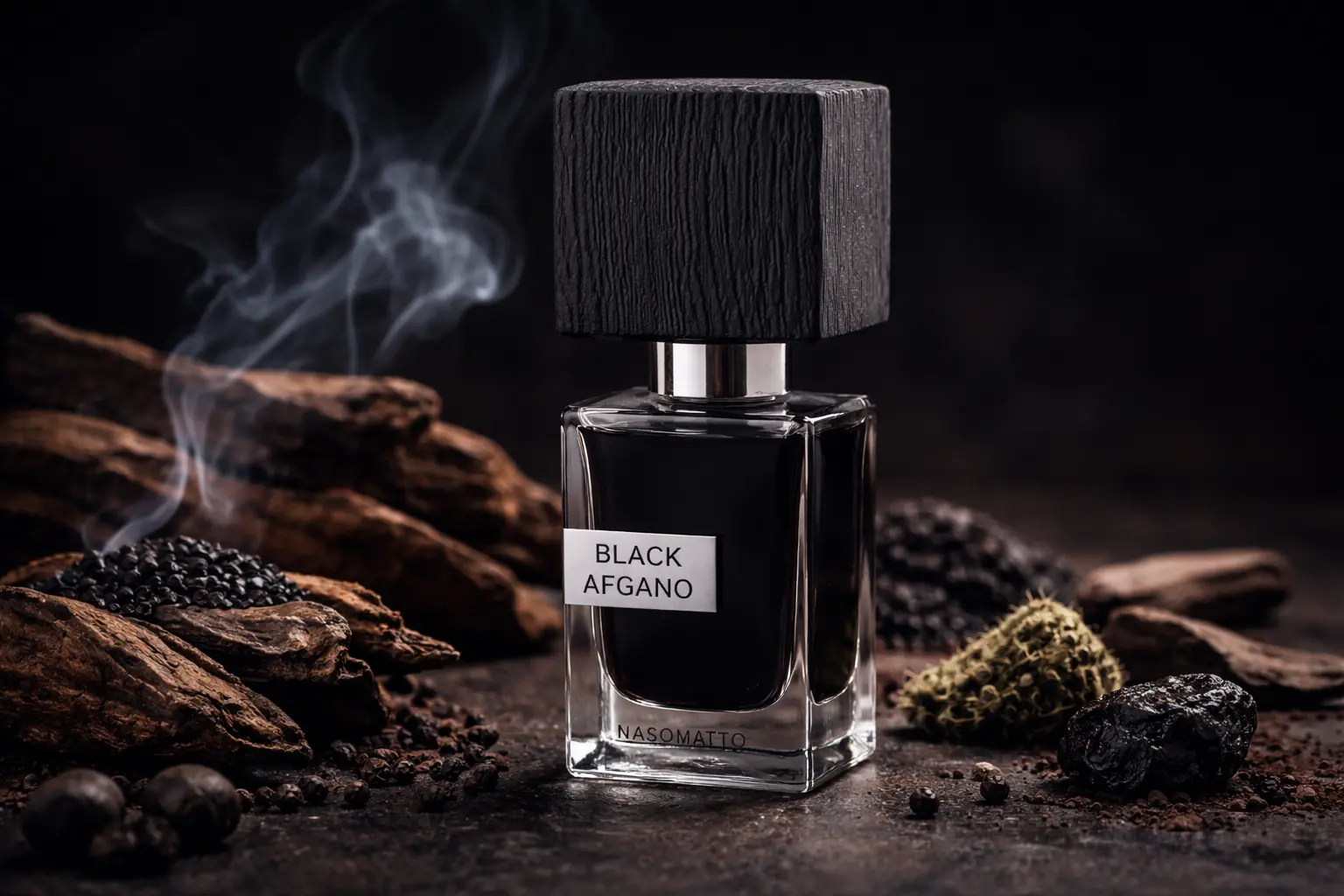 Black Afgano by Nasomatto perfume bottle with smoky background and woody fragrance ingredients.
