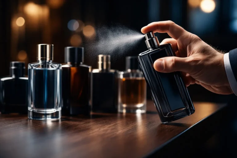 Man spraying cologne from a perfume bottle showing proper fragrance application and spray amount