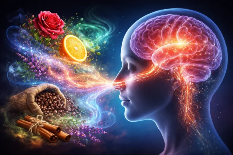Illustration of how the human brain recognizes different smells, showing scent molecules traveling from the nose to the brain with neural pathways and olfactory processing