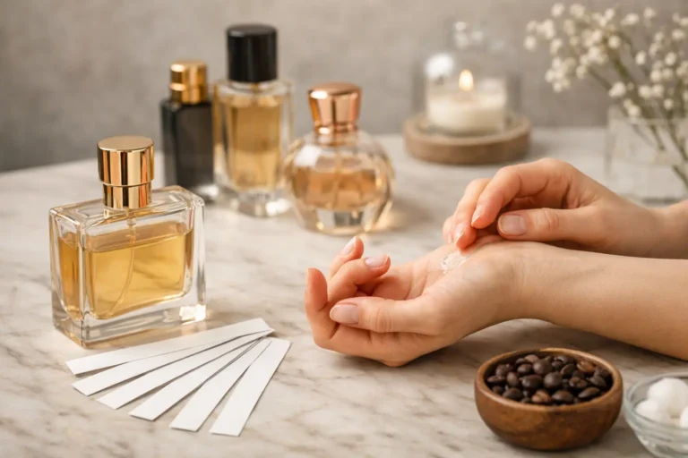 Testing perfume on skin with fragrance blotter strips and perfume bottles in a realistic scent evaluation setup
