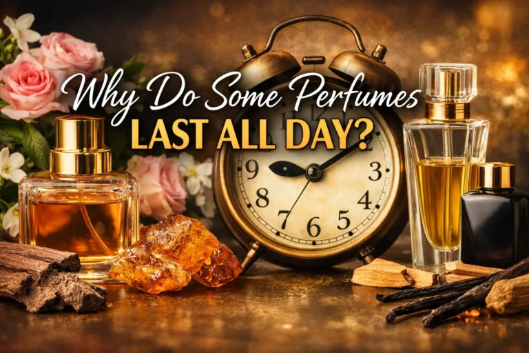perfume bottles with amber, vanilla, and woody ingredients symbolizing long-lasting fragrances and perfume longevity
