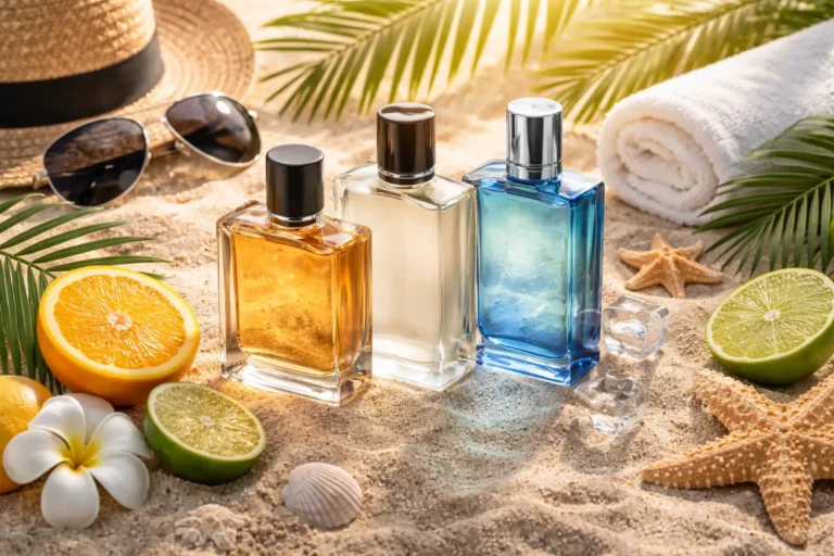 Cologne bottles on a sunny beach with citrus fruits and summer elements representing long-lasting fragrance in hot weather
