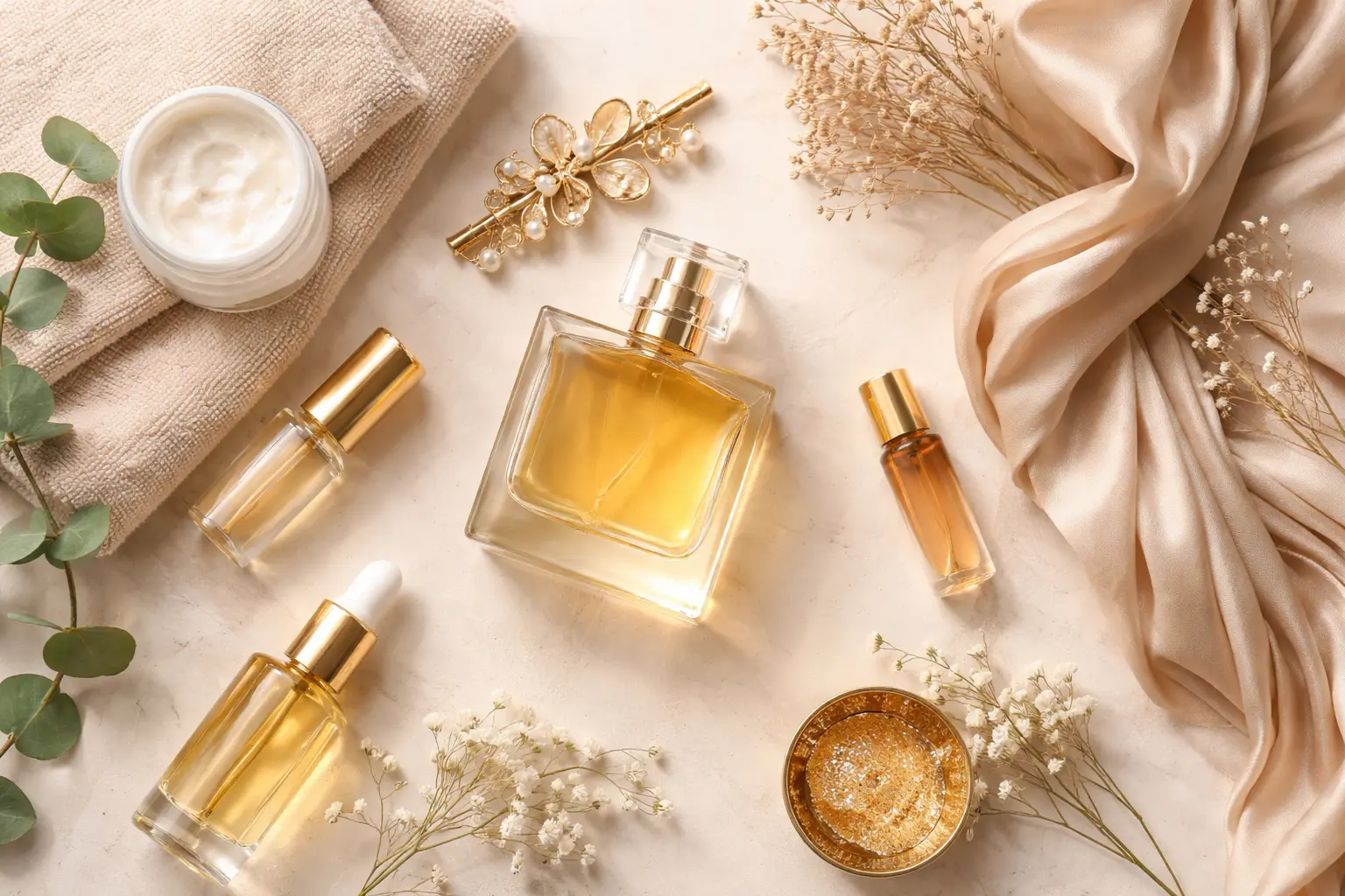 A luxury perfume bottle with skincare products and oils arranged to enhance fragrance longevity on skin