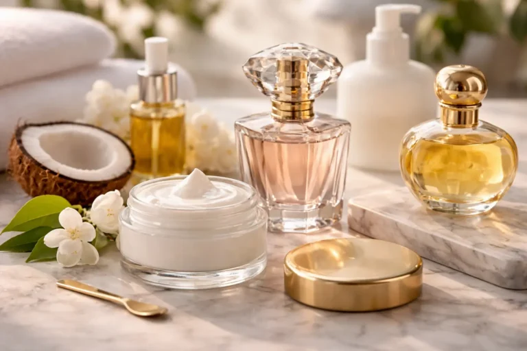 Moisturizer applied next to perfume bottles showing how hydrated skin helps fragrance last longer and improves scent performance