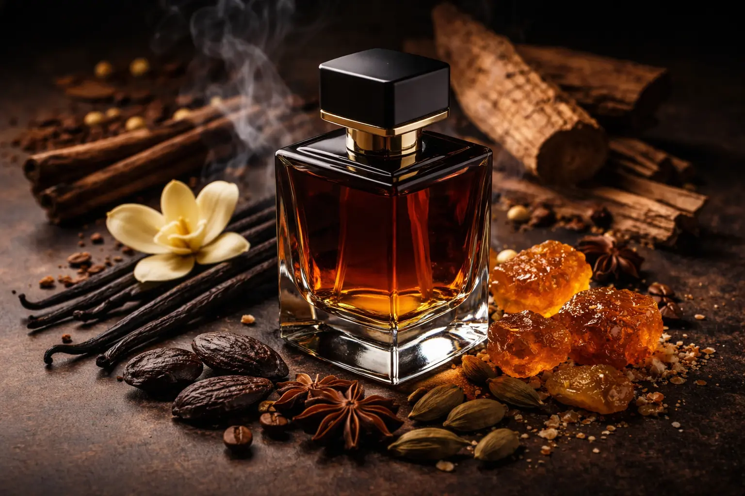 luxury perfume bottle surrounded by vanilla, amber, tonka bean, and woody notes representing the most attractive fragrance ingredients