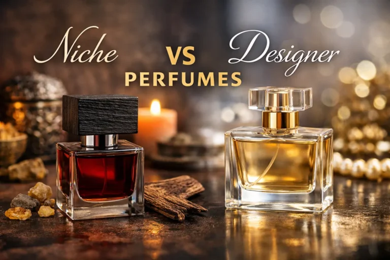 Niche perfume and designer perfume bottles side by side illustrating the difference between niche and designer fragrances