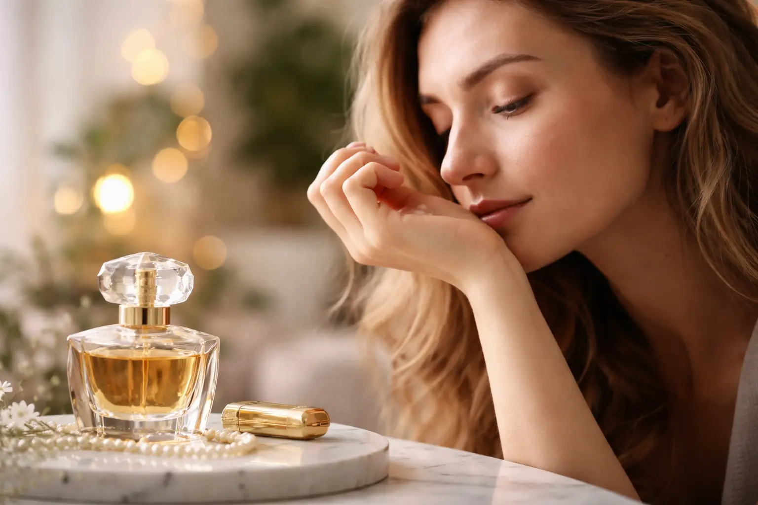 woman smelling perfume on wrist demonstrating nose blindness effect and olfactory fatigue in fragrance use