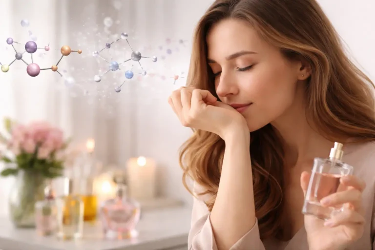 Woman smelling her wrist after applying perfume, illustrating nose blindness and fragrance perception.