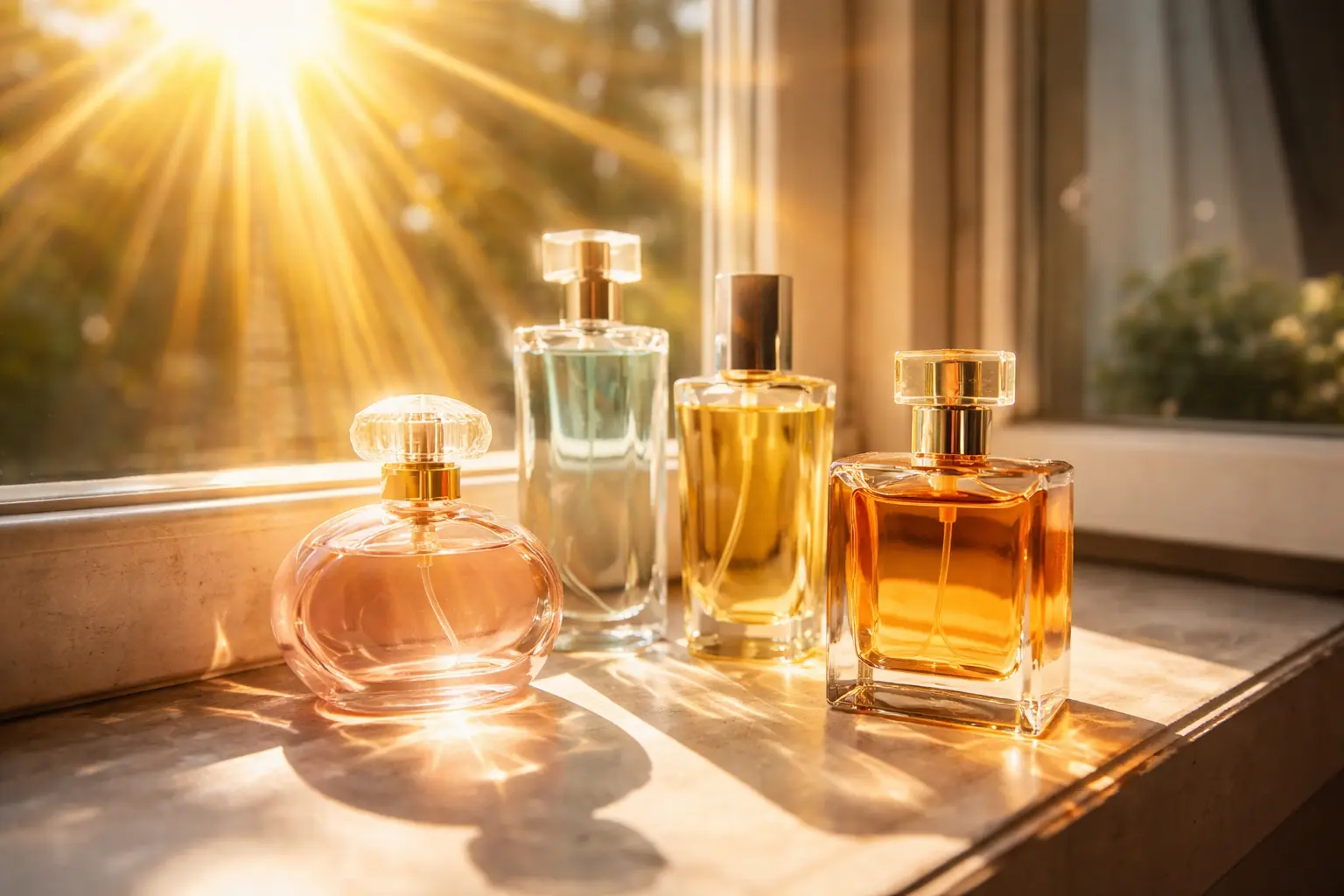 Perfume bottles exposed to direct sunlight on a window sill, illustrating how sunlight can affect fragrance stability and perfume storage.