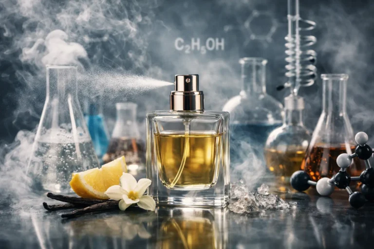 Perfume bottle spraying fragrance surrounded by laboratory glassware and aroma molecules illustrating the chemistry behind why perfume can sometimes smell chemical.