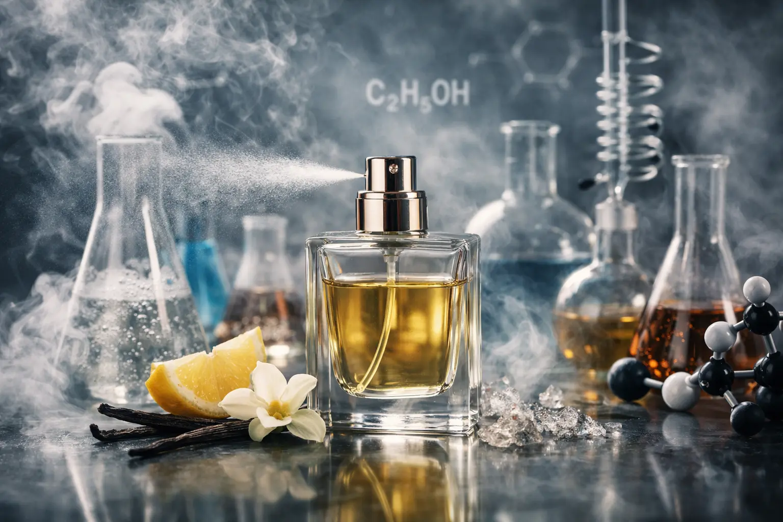 Perfume bottle spraying fragrance surrounded by laboratory glassware and aroma molecules illustrating the chemistry behind why perfume can sometimes smell chemical.