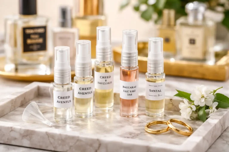Small perfume decant sample bottles displayed on a tray with luxury fragrances in the background