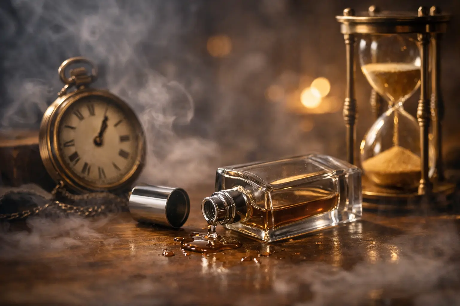 A spilled perfume bottle next to a pocket watch and hourglass, symbolizing how fragrance fades quickly over time within an hour