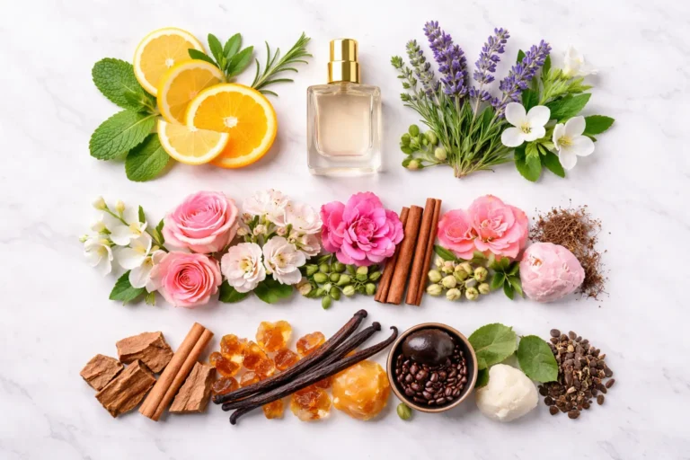 Perfume notes ingredients arranged to represent top, middle, and base notes in fragrance composition around a perfume bottle.