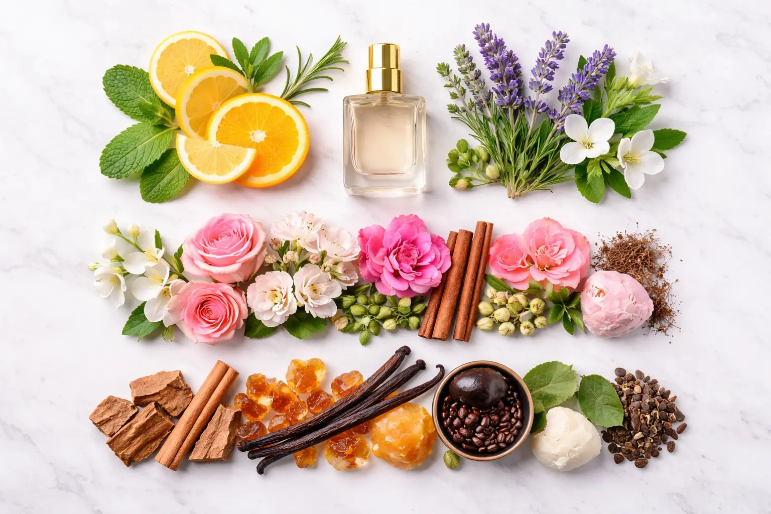 Perfume notes ingredients arranged to represent top, middle, and base notes in fragrance composition around a perfume bottle.
