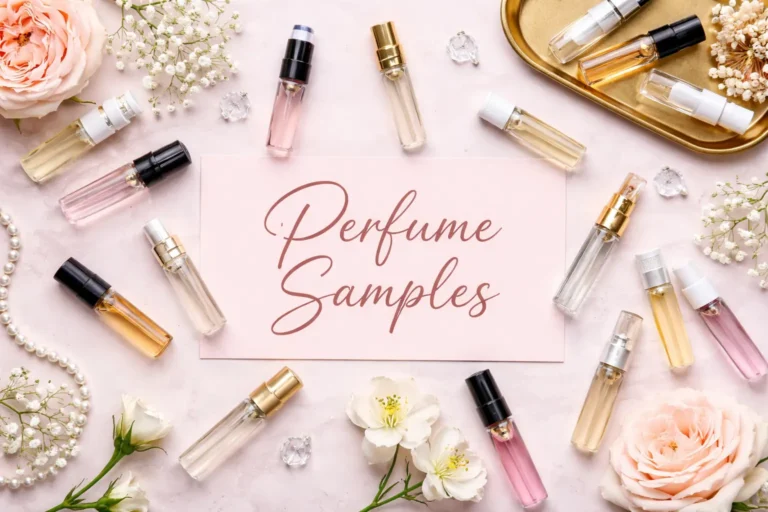 Small perfume sample vials in different colors used for testing fragrances