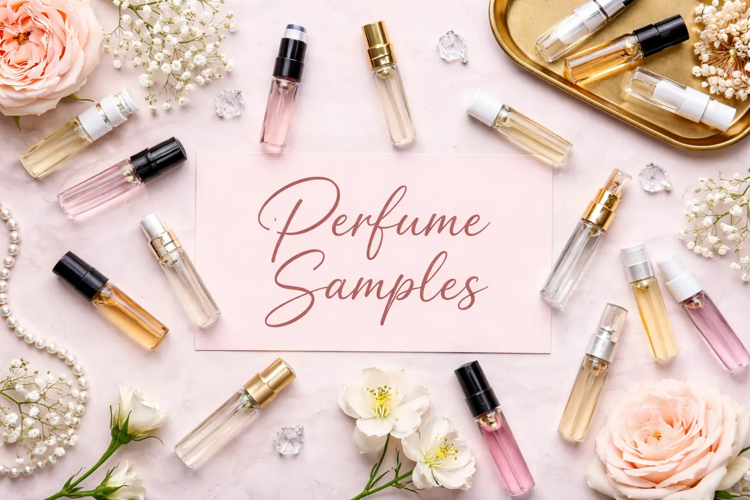 Small perfume sample vials in different colors used for testing fragrances