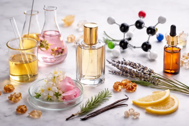 Perfume bottle surrounded by laboratory glassware, fragrance ingredients, and molecular models representing the science of perfume and fragrance chemistry.