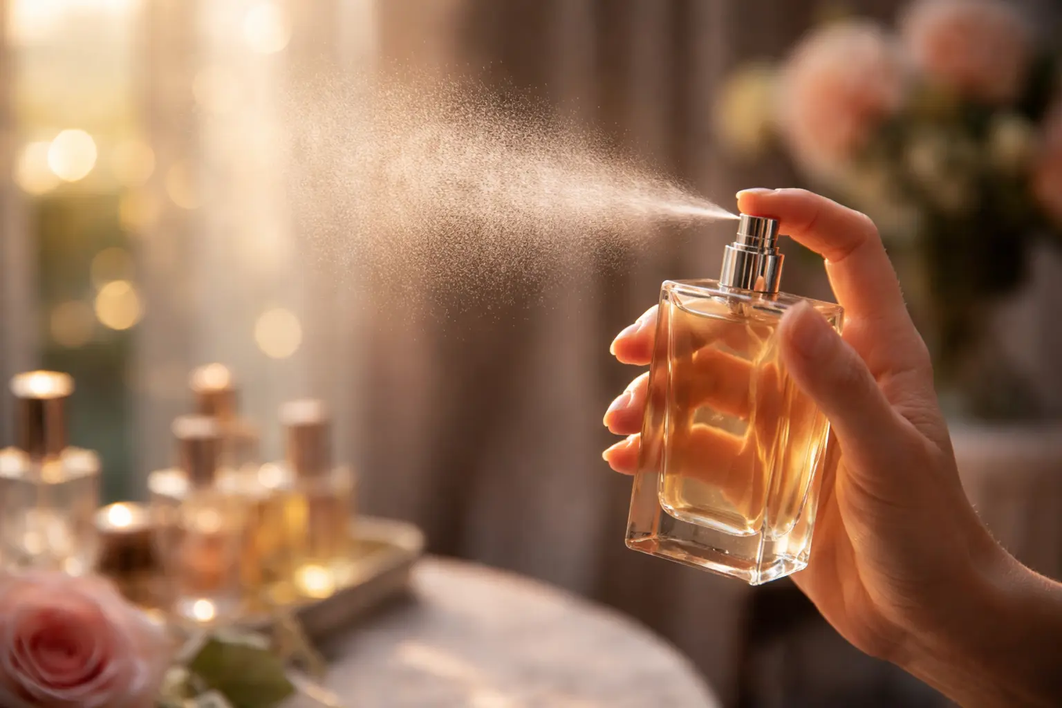 Perfume spray diffusing into the air showing how fragrance molecules spread and change scent perception