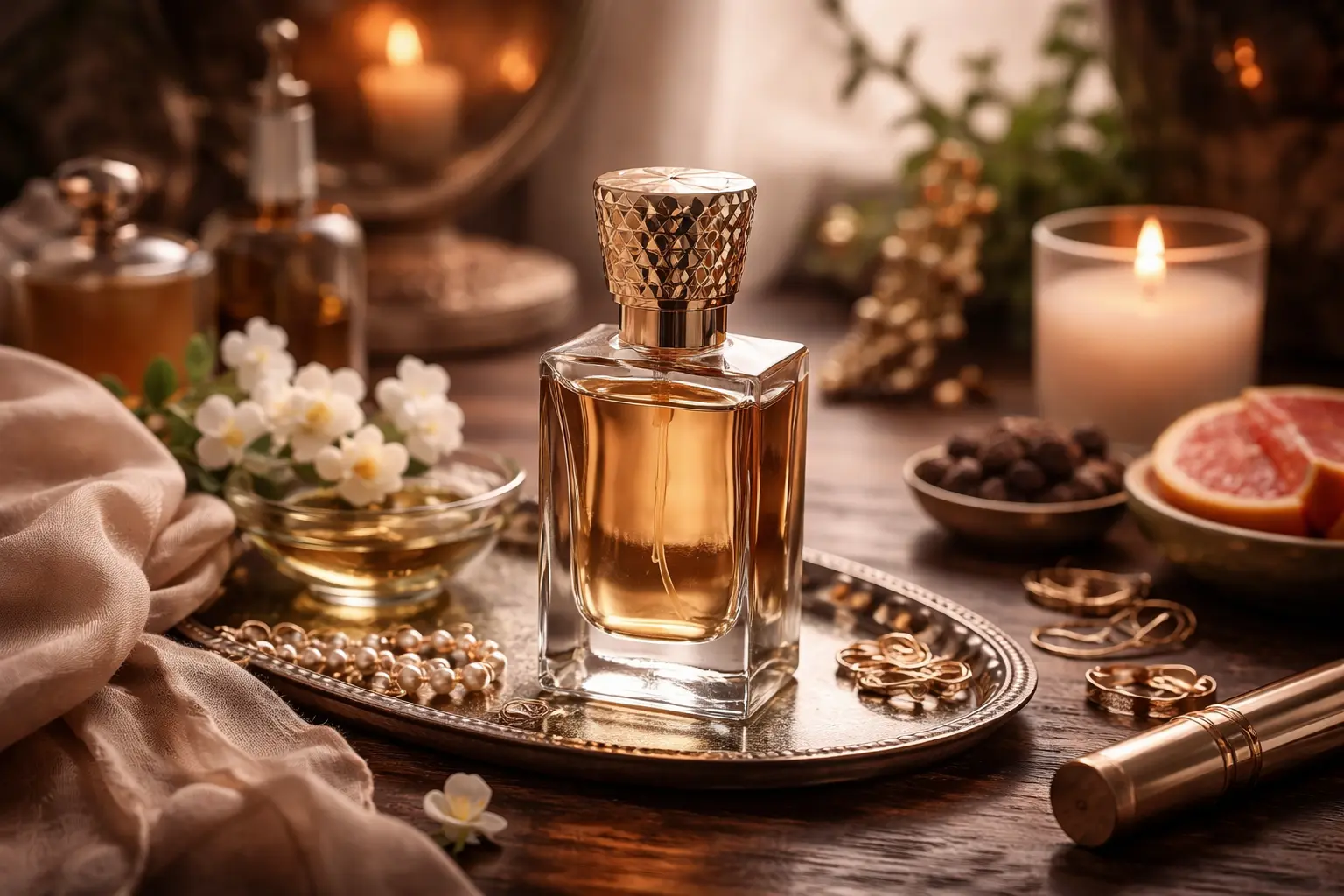 Luxury perfume bottle with warm lighting, natural ingredients, and elegant setup representing how fragrance reacts differently on skin