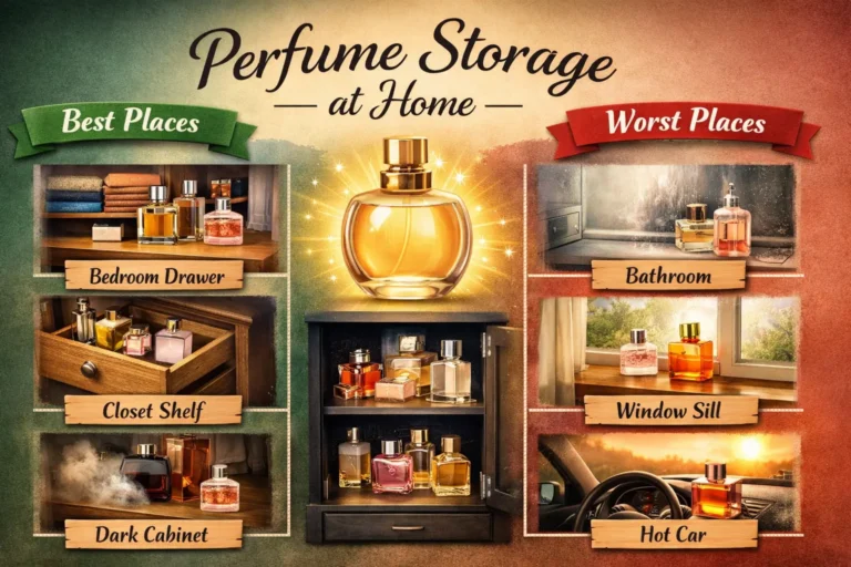 Best and worst places to store perfume at home, including bedroom drawer, closet shelf, dark cabinet, bathroom, window sill, and car interior.