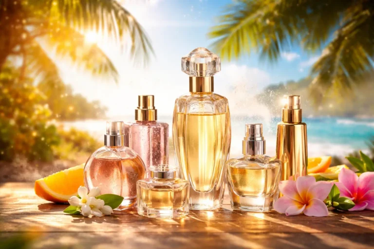 Perfume bottles exposed to sunlight in hot weather, illustrating how heat intensifies fragrance projection and scent evaporation