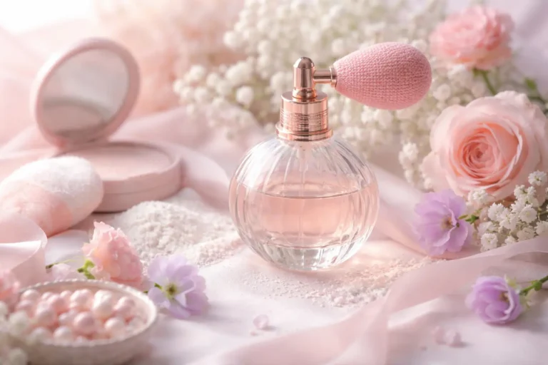 Powdery perfume bottle surrounded by cosmetic powder and soft pastel flowers, representing the soft powdery scent style in fragrance.