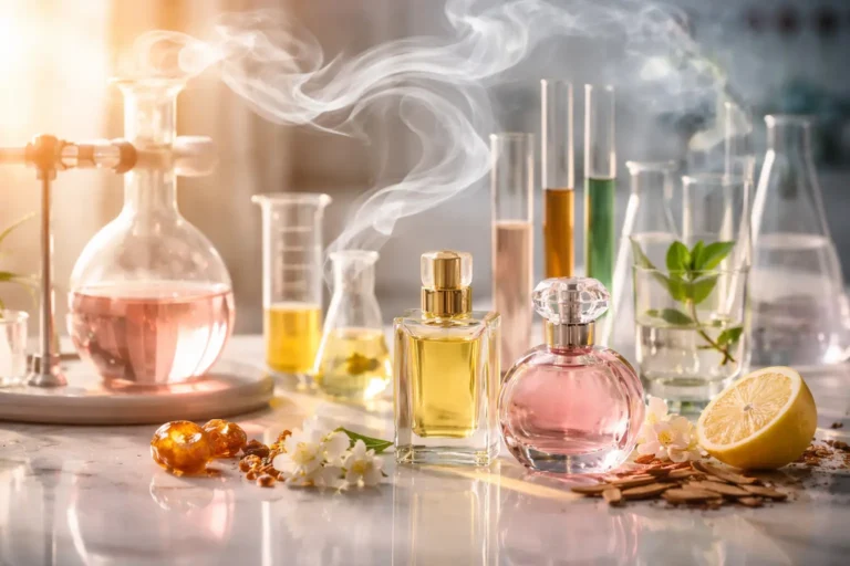 Perfume bottles with aromatic ingredients and laboratory glassware illustrating the science of perfume sillage and fragrance projection