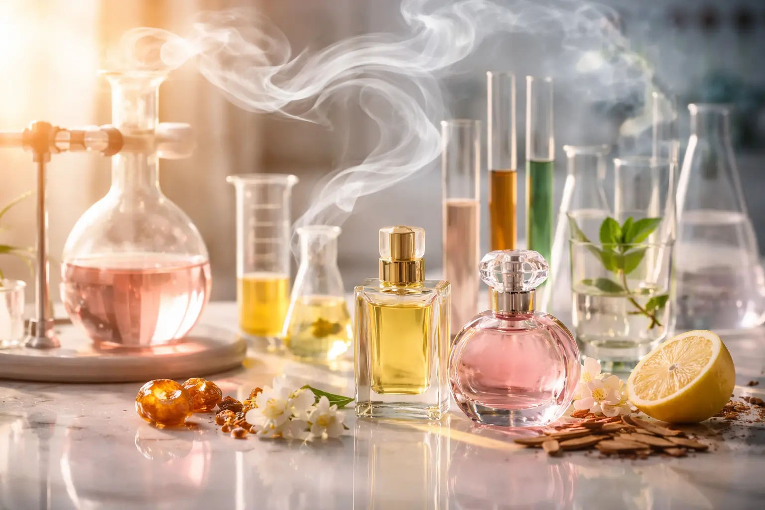 Perfume bottles with aromatic ingredients and laboratory glassware illustrating the science of perfume sillage and fragrance projection