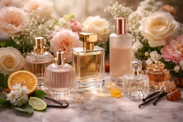 Elegant collection of perfume bottles with flowers and citrus elements representing a personal signature scent identity