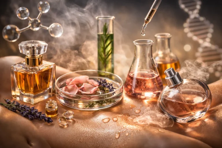 Close-up of perfume interacting with human skin, illustrating skin chemistry and fragrance reaction with oils and temperature