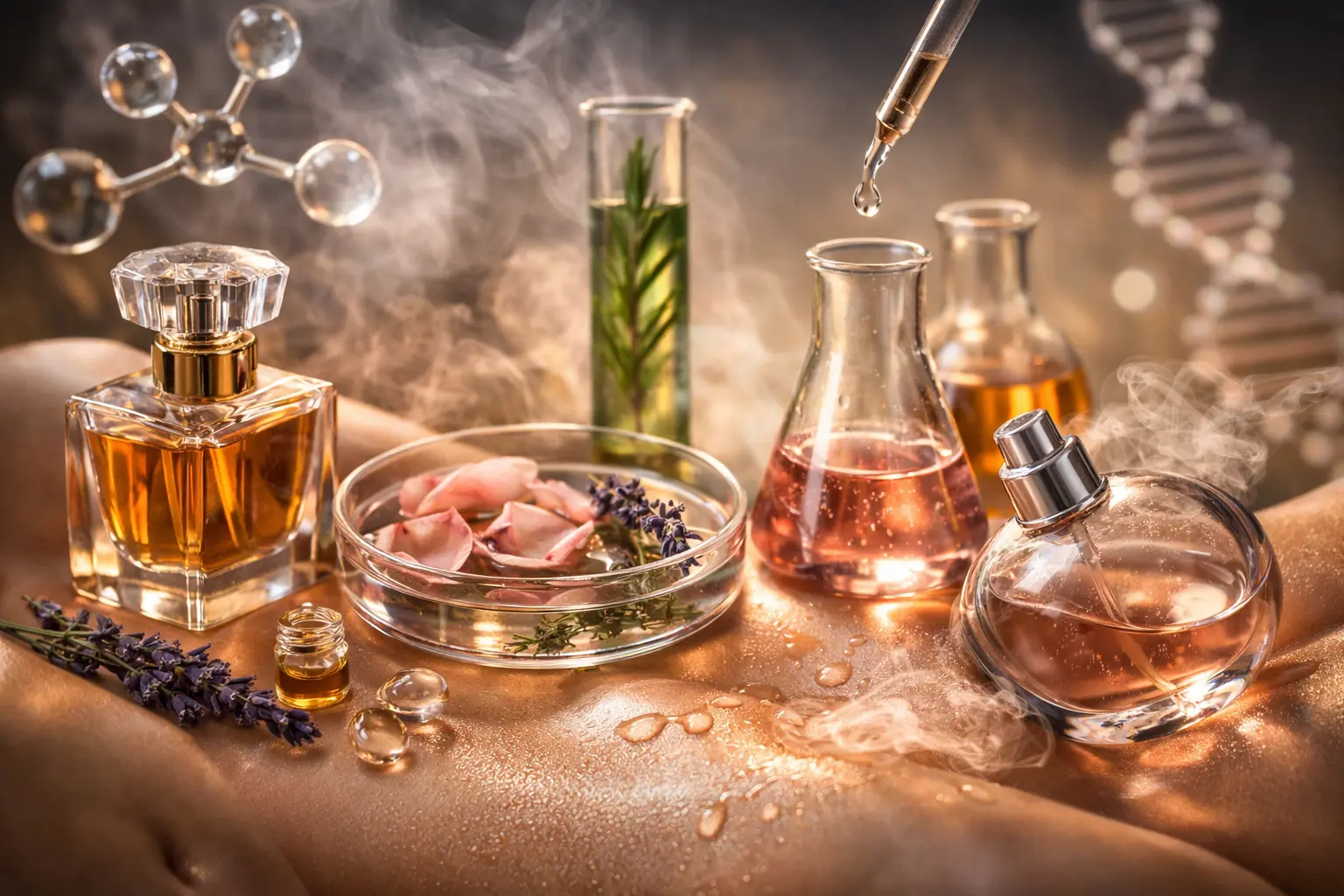 Close-up of perfume interacting with human skin, illustrating skin chemistry and fragrance reaction with oils and temperature