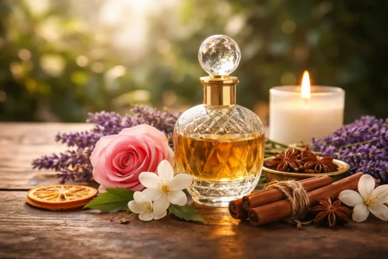 Perfume bottle surrounded by flowers and spices representing how humans remember smells and scents for many years.