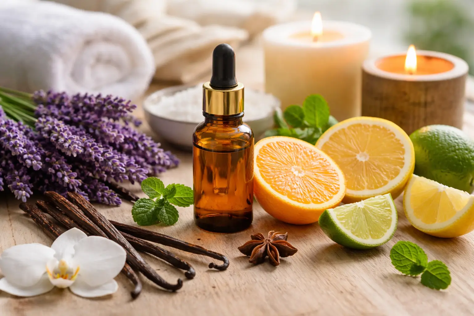 Natural fragrance ingredients like lavender, citrus, and vanilla surrounding a perfume oil bottle, illustrating how certain smells can influence human mood and emotions.