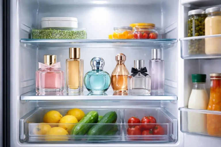 perfume bottles stored inside a refrigerator to keep fragrances cool and preserve scent quality
