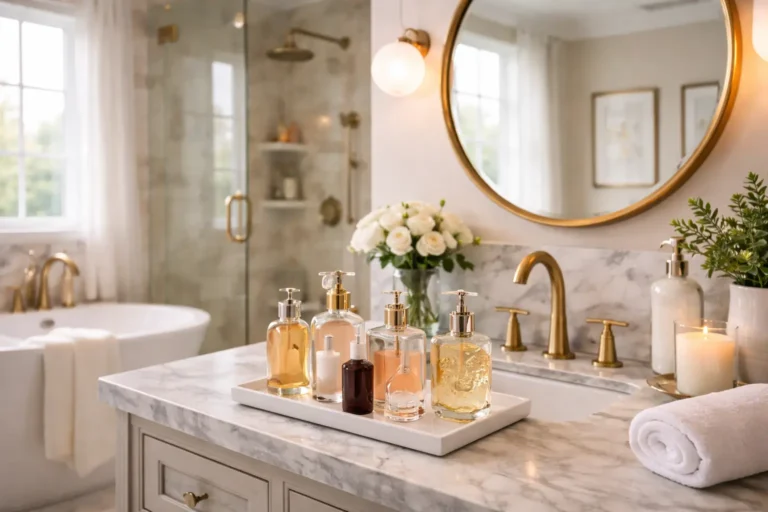 Perfume bottles stored on a bathroom counter showing how humidity and heat can affect perfume storage.