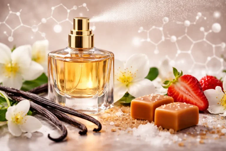 Sweet perfume bottle surrounded by vanilla, caramel, sugar crystals, flowers, and strawberries representing sweet fragrance ingredients and scent perception in perfumery.