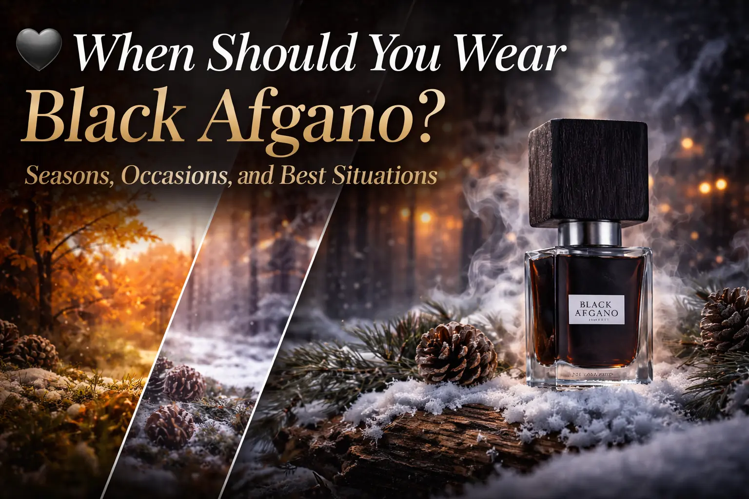 Nasomatto Black Afgano perfume in fall and winter scenery representing the best seasons and occasions to wear the fragrance