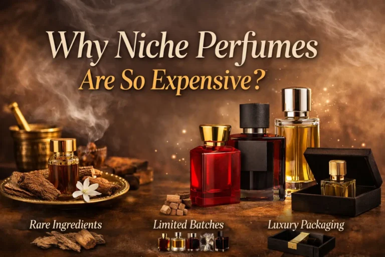 Luxury niche perfume bottles with rare ingredients illustrating why niche perfumes are so expensive