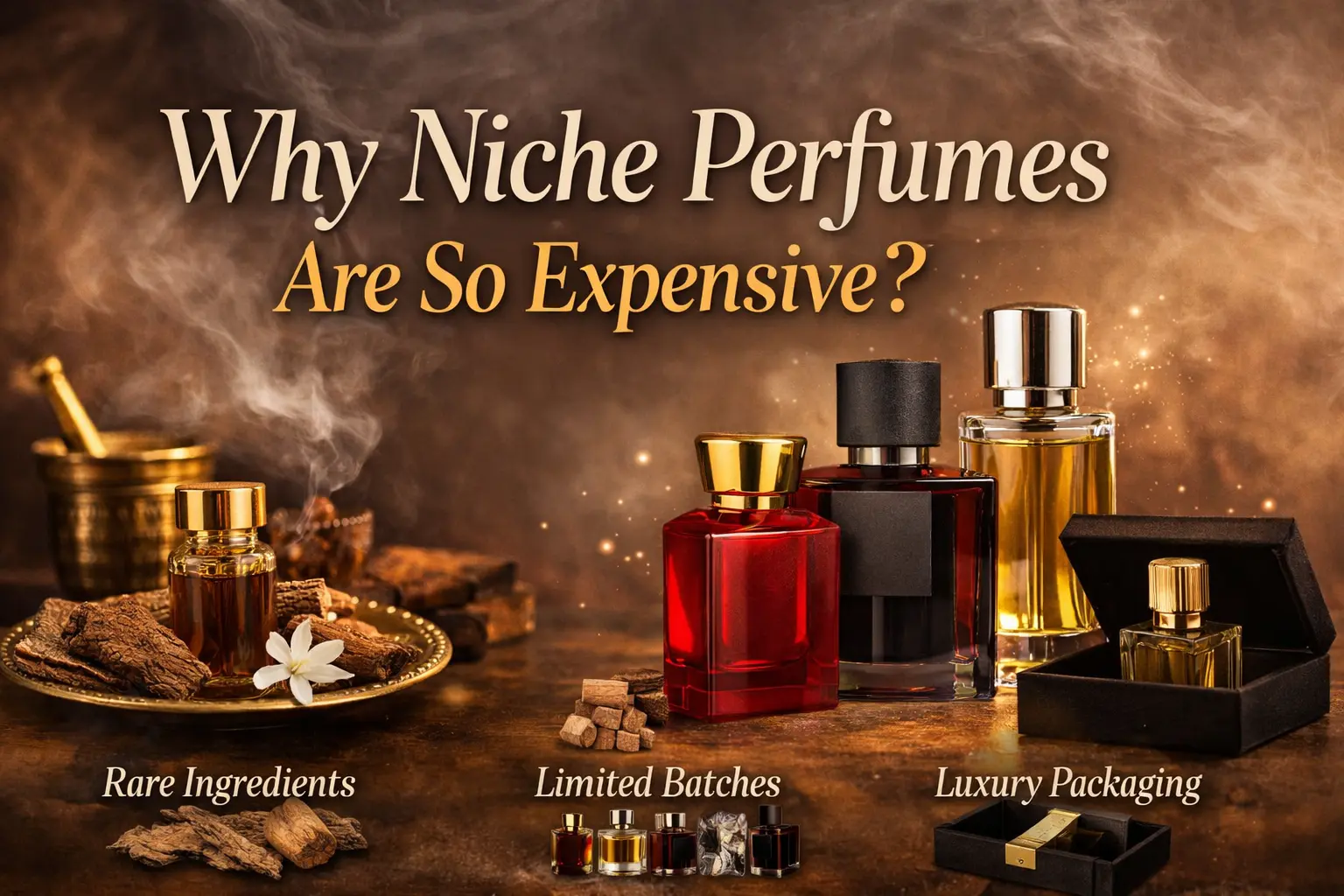 Luxury niche perfume bottles with rare ingredients illustrating why niche perfumes are so expensive