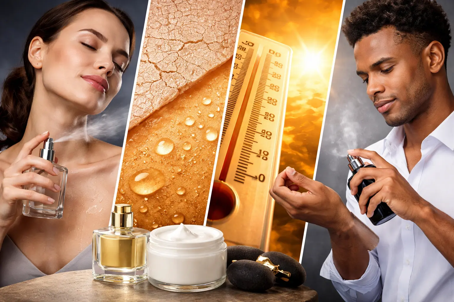 Perfume applied on different skin types showing how skin chemistry, moisture, and heat affect fragrance longevity
