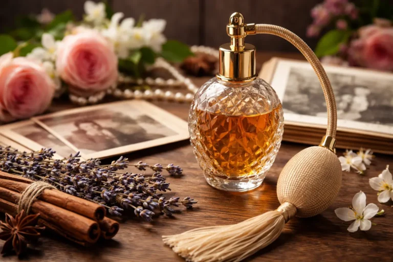 Vintage perfume bottle surrounded by flowers, spices, and old photos representing how scents can trigger emotional memories and nostalgia.