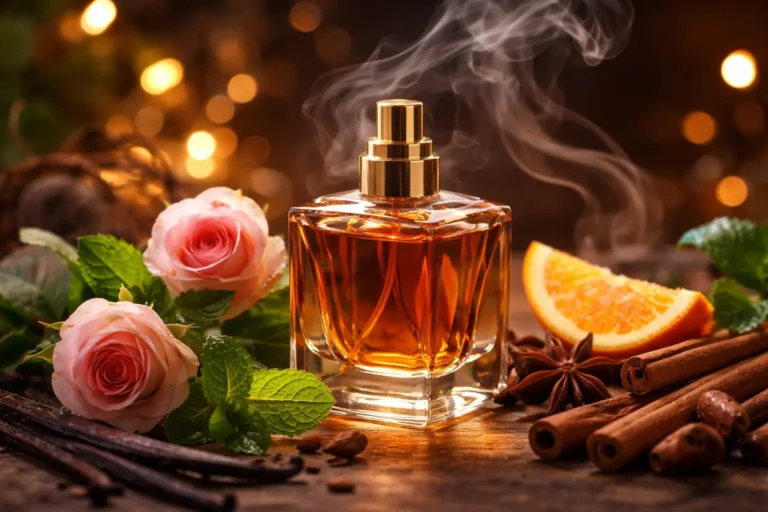 perfume bottle releasing fragrant vapor surrounded by flowers, citrus, and spices representing the emotional power of smell and fragrance perception