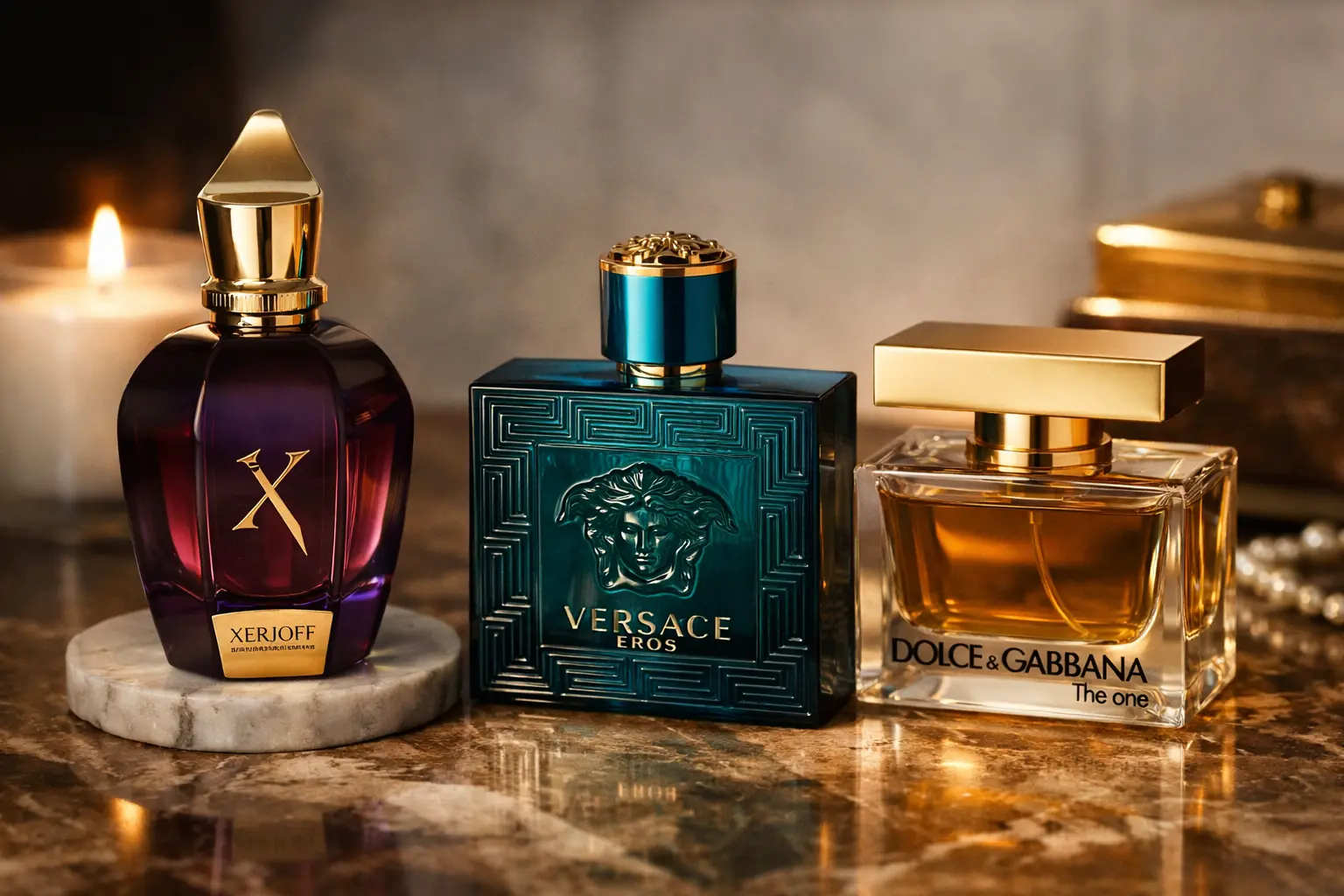 Luxury perfume bottles from Xerjoff, Versace, and Dolce & Gabbana displayed elegantly with warm lighting
