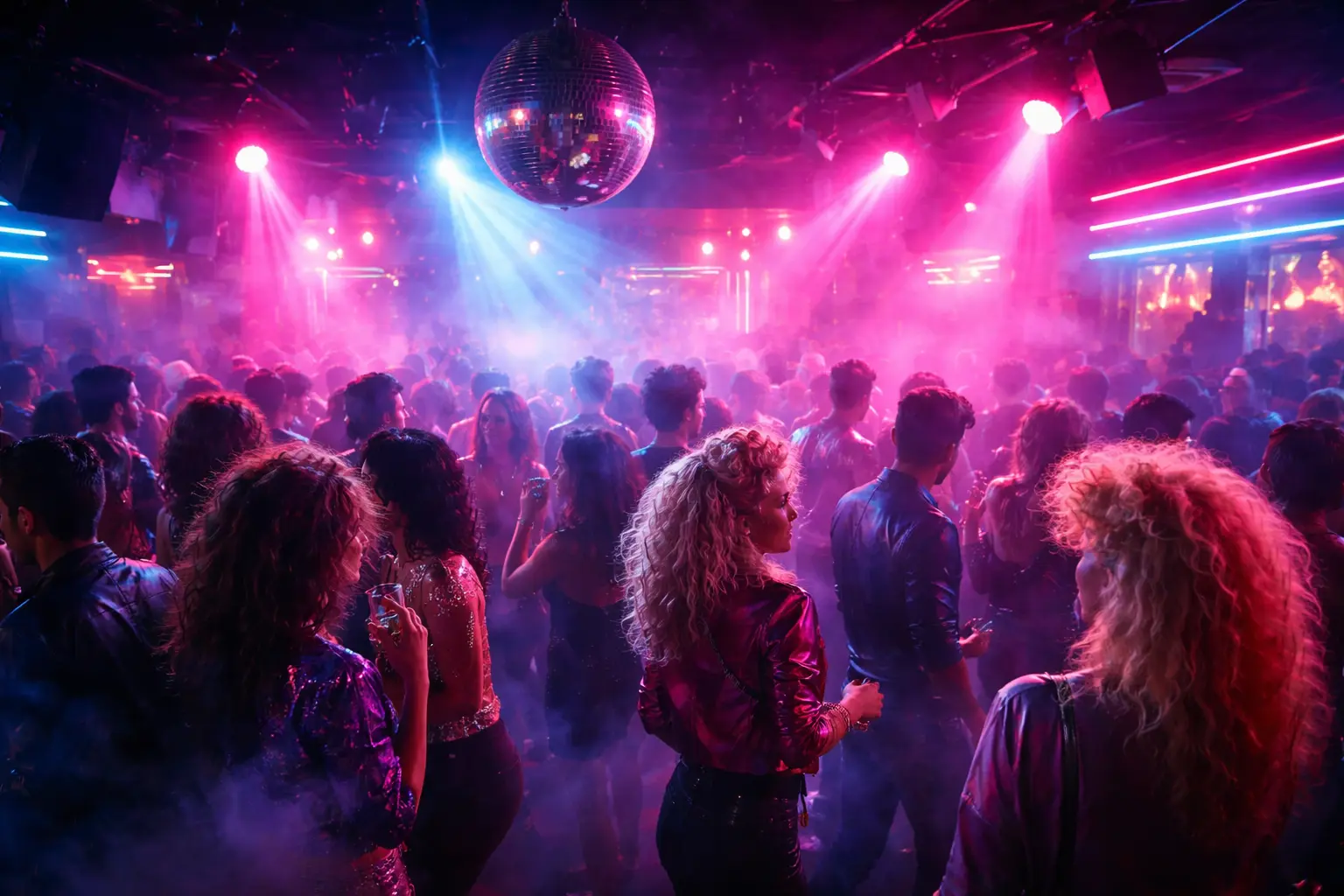 vibrant 1980s nightclub scene with neon lights, disco ball, and haze representing strong perfume atmosphere and nostalgic scent experience