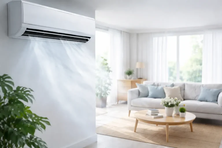 Modern air conditioning unit cooling indoor space showing how controlled temperature affects perfume diffusion and scent perception